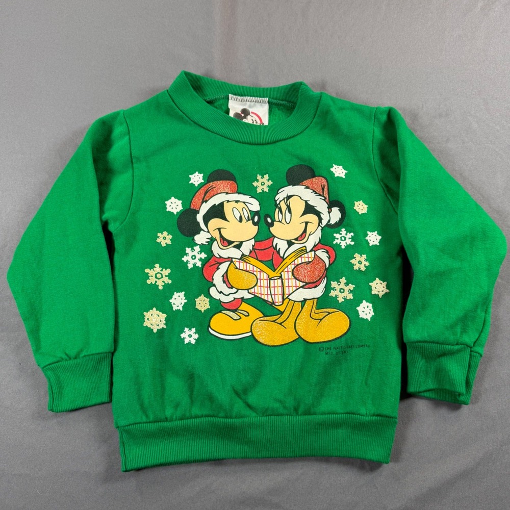 Vintage Disney Mickey Minnie Mouse Christmas Sweatshirt Green 3T Made in USA